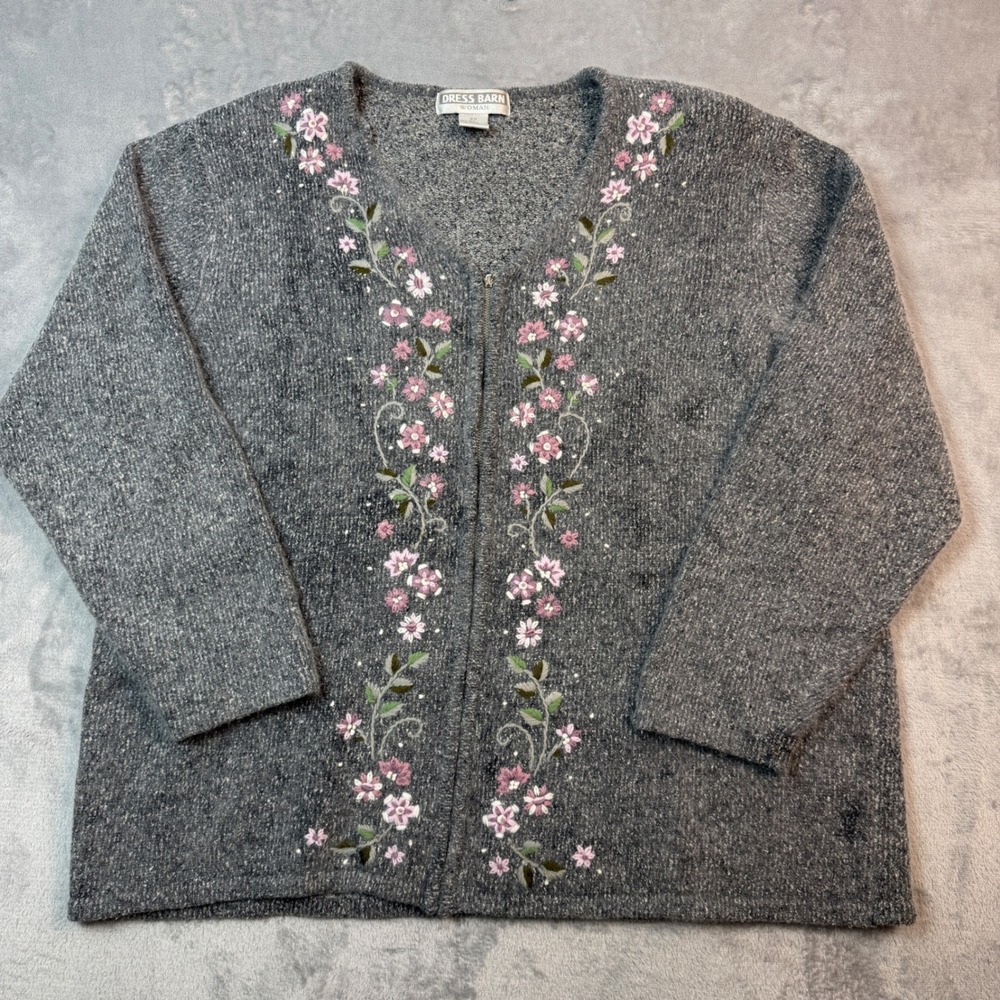Cardigan Sweater Women 2X Gray Floral Embroidered Silk Blend Granny Cottage Core